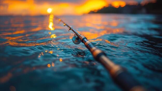 close up of a fishing rod with droplets resting on its surface near calm water free photo 1