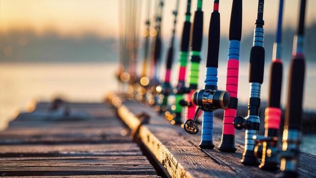 colorful fishing rods lined up on a wooden pier during sunset at a peaceful lake photo