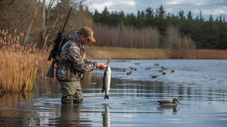 hunter with rifle his back taking break from hunting catching fish lake with ducks 926199 2417419