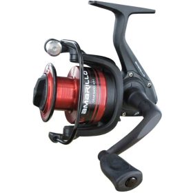 Fishing reel with red accents.