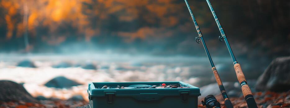 two fishing rods stand beside a tackle box near a tranquil river during a colorful autumn afternoon photo 1